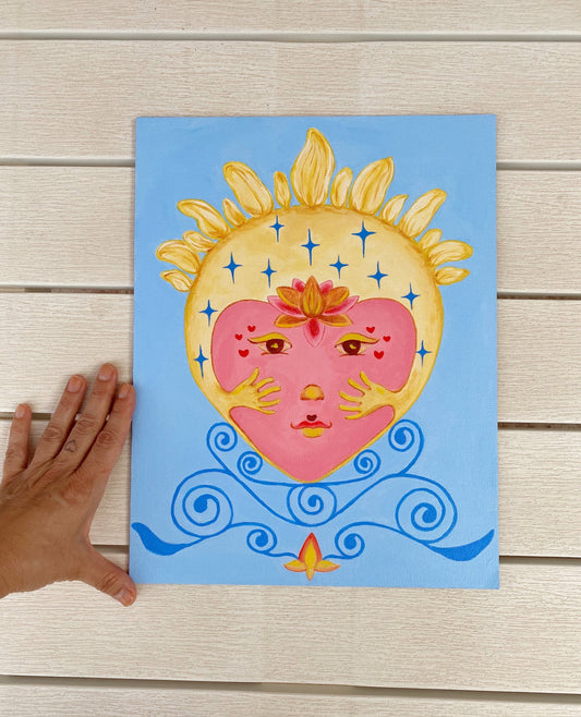 Cuadro que representa la importacia del cuidado de la autoestima y la salud mental representado por un sol con estrellas luminosas que abrazan tu corazón con un fondo azul cielo, amarillos y rosas rojizos.