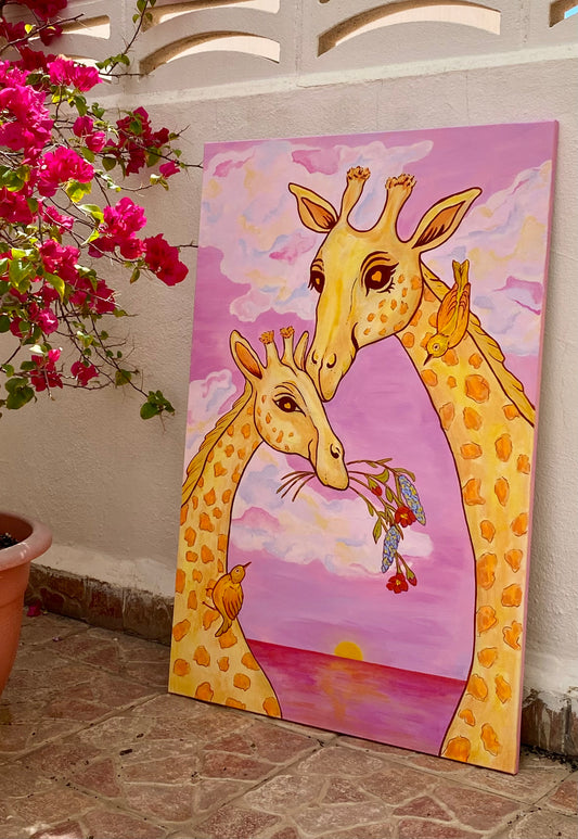 Amor que florece en el vínculo materno representado por dos jirafas que juntas sus cabezas formando un lazo íntimo en un atardecer de verano acompañados por dos pararos que admiran este acto de amor. 
Cuadro de 92x60 cm pintado con acrílicos sobre lienzo.