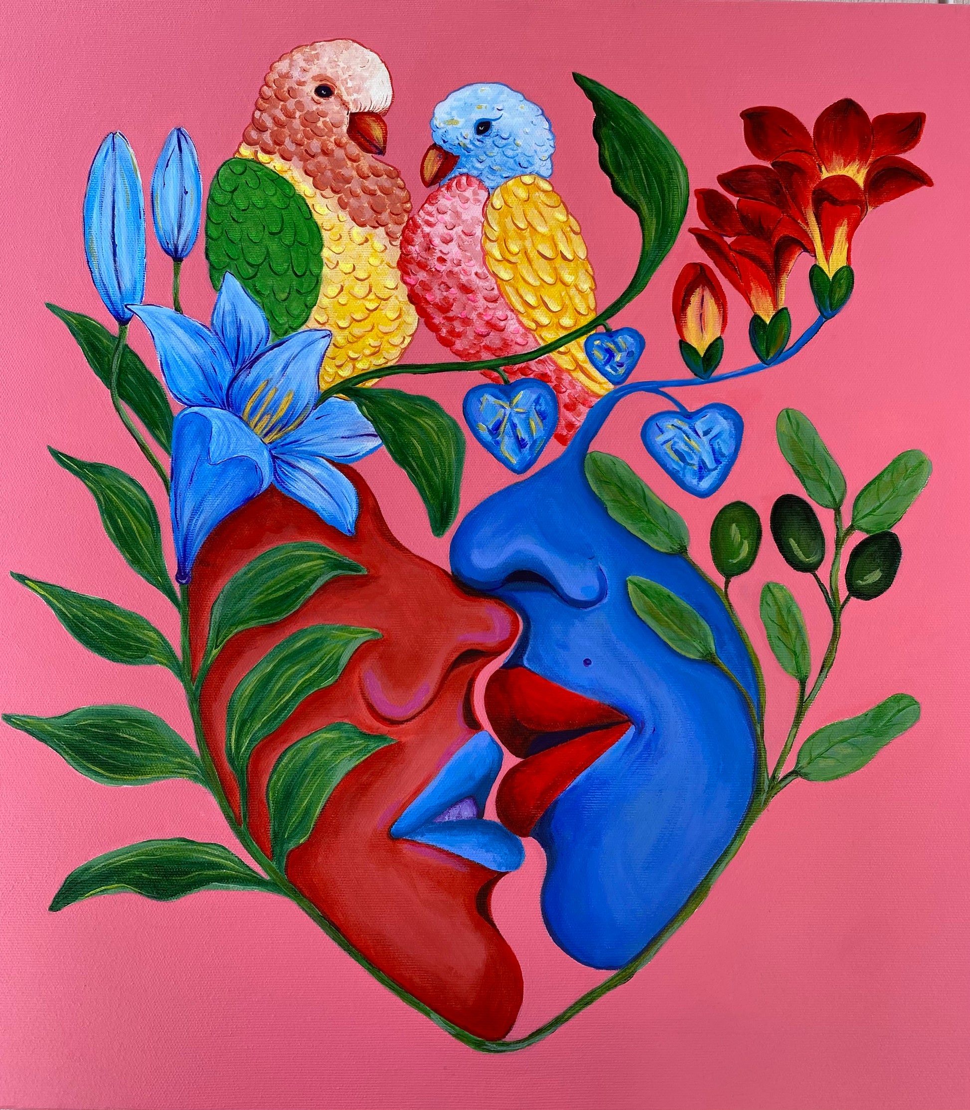 Cuadro pintado con acrílicos sobre un lienzo de 50x50 cm . Es una oda al amor  y  a la pasión eterna con flores que enlazan dos rostros besándose y dos pájaros agapurnis simbolizando el amor para toda la vida.