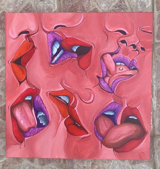 Cuadro que representa la diversidad y que quiere dar visibilidad a las diferentes formas de amar con labios que se entrelazan con otros labios. Cuadro con colores rojos, morados y marrones rojiza os que representan la pasión.